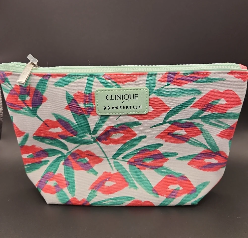 Clinique Drawbertson Coral Mint Lip Print Cosmetic Pouch NWT